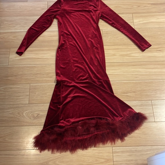 Maroon Crushed Velvet Dress with Boa Detail - Picture 2 of 2